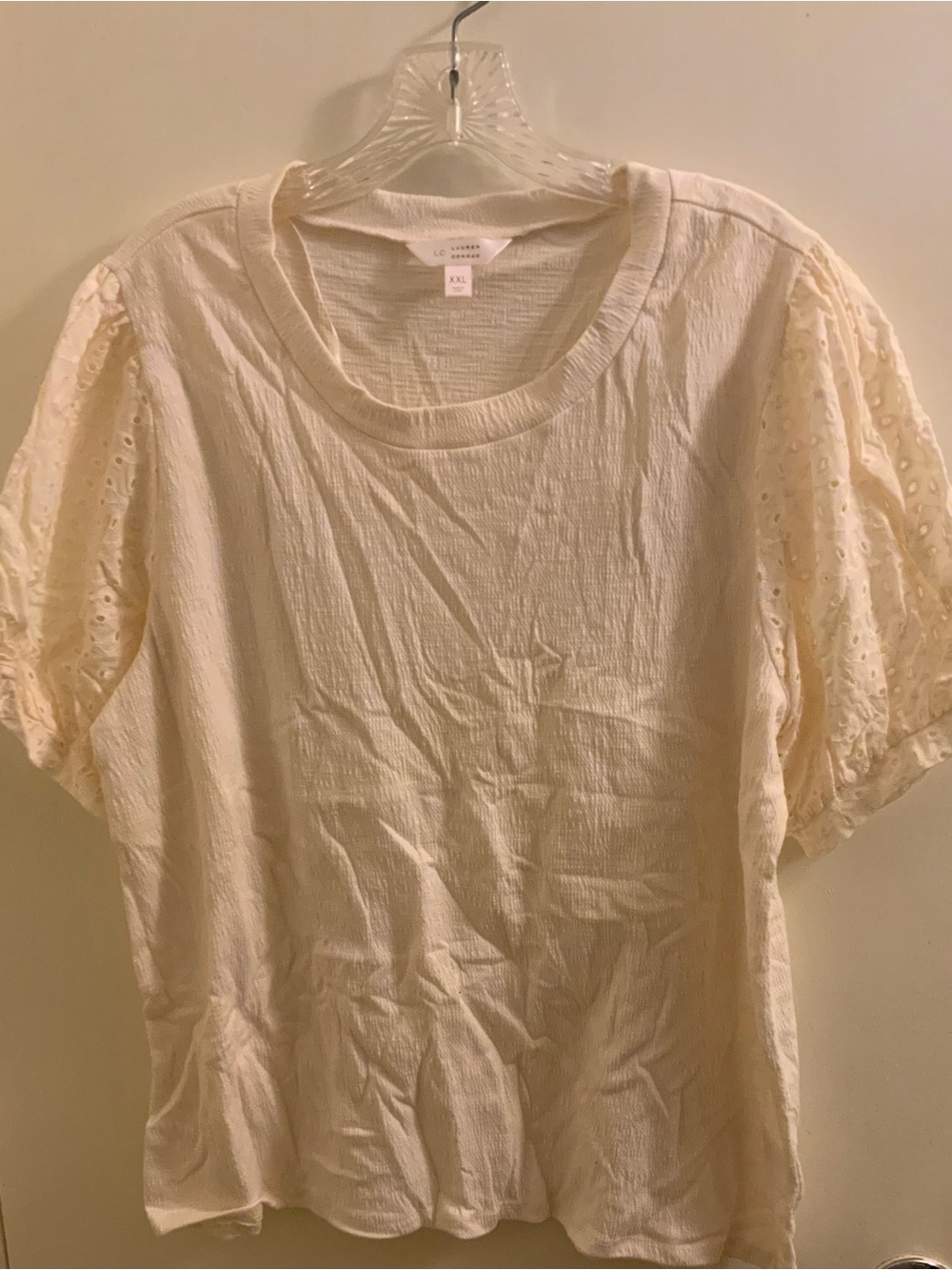 LC Lauren Conrad Cream Eyelet Puff-Sleeve Short Sleeve Top